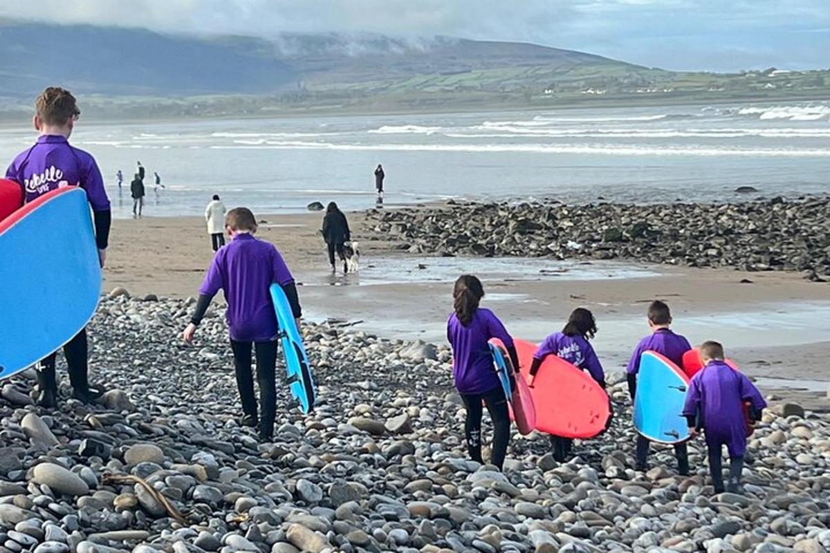 a group of people standing on a beach with surfboards