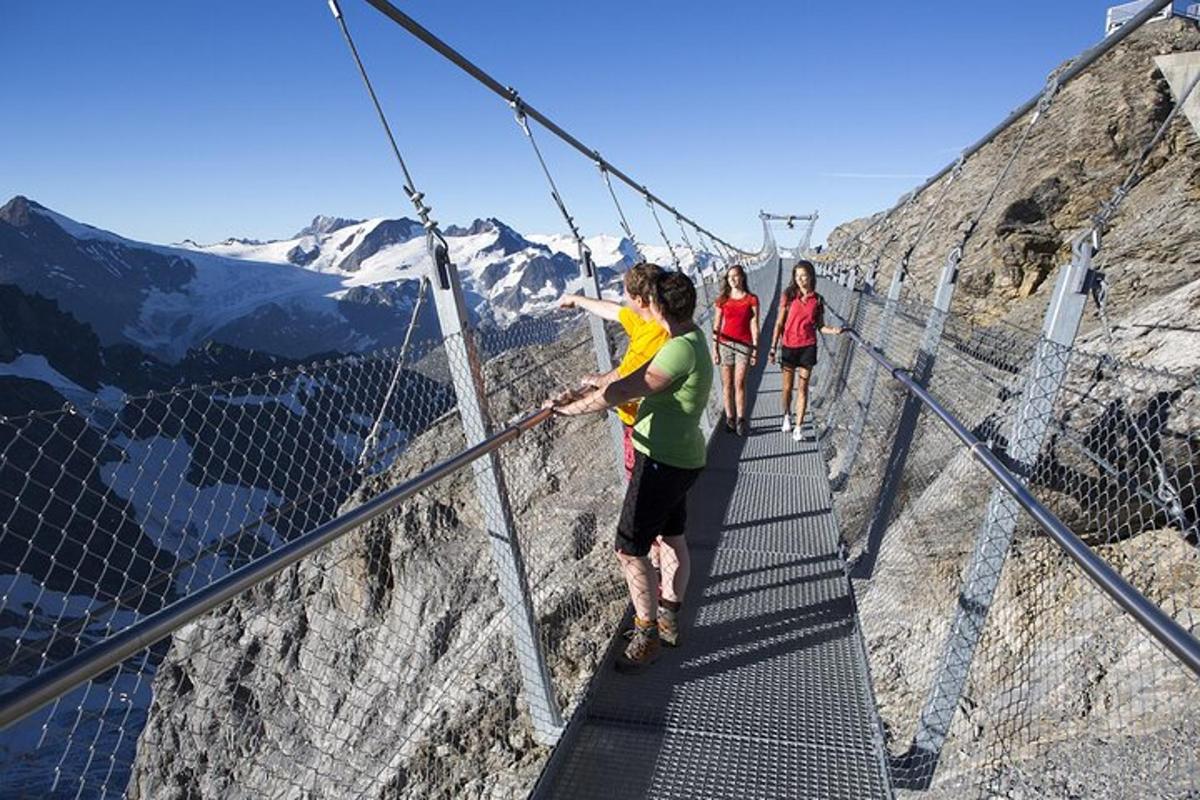 um grupo de pessoas em uma ponte suspensa na montanha