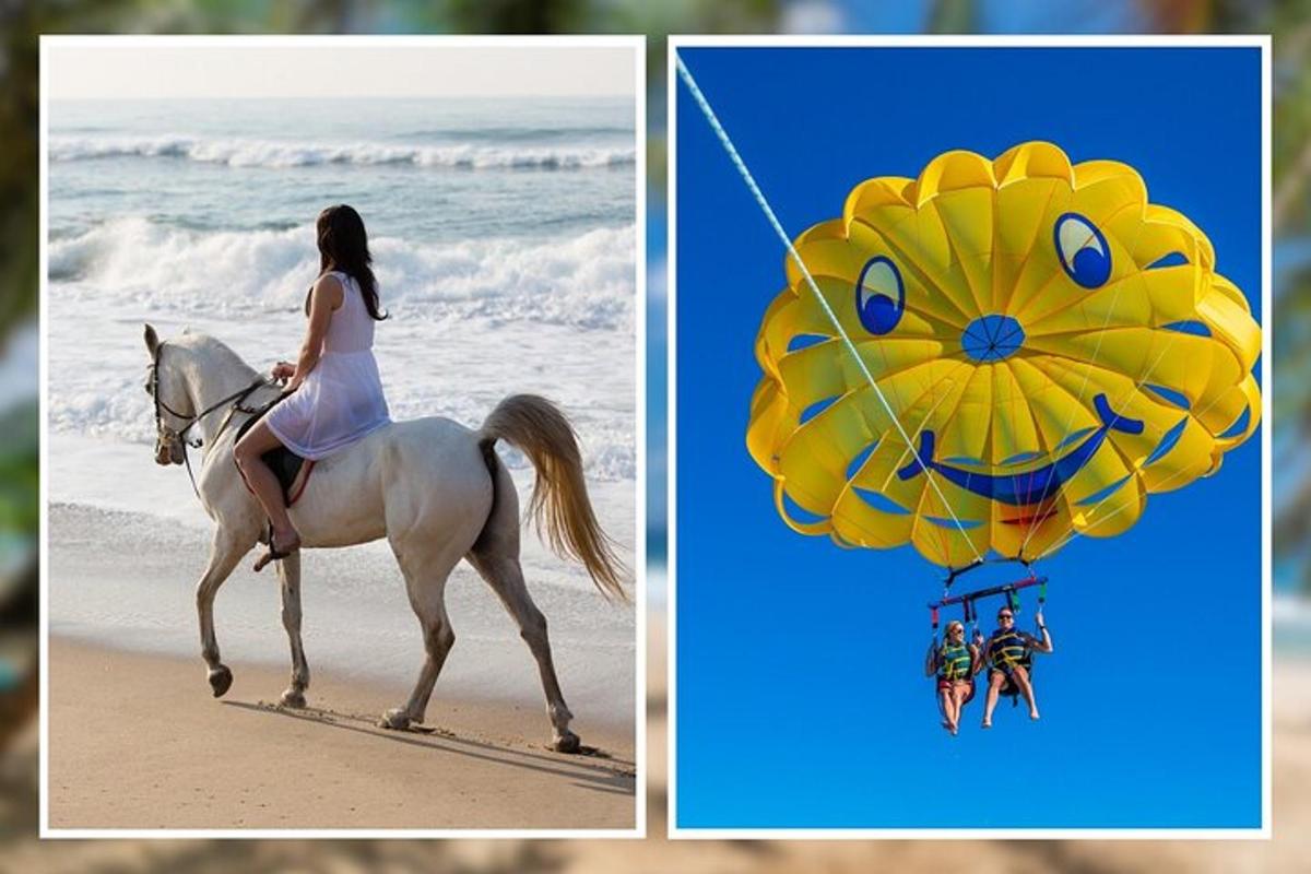 una donna a cavallo sulla spiaggia accanto a un paracadute