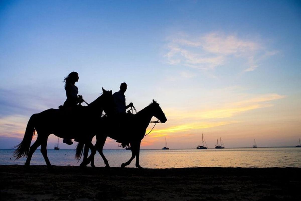 dues persones muntant a cavall a la platja a la posta de sol
