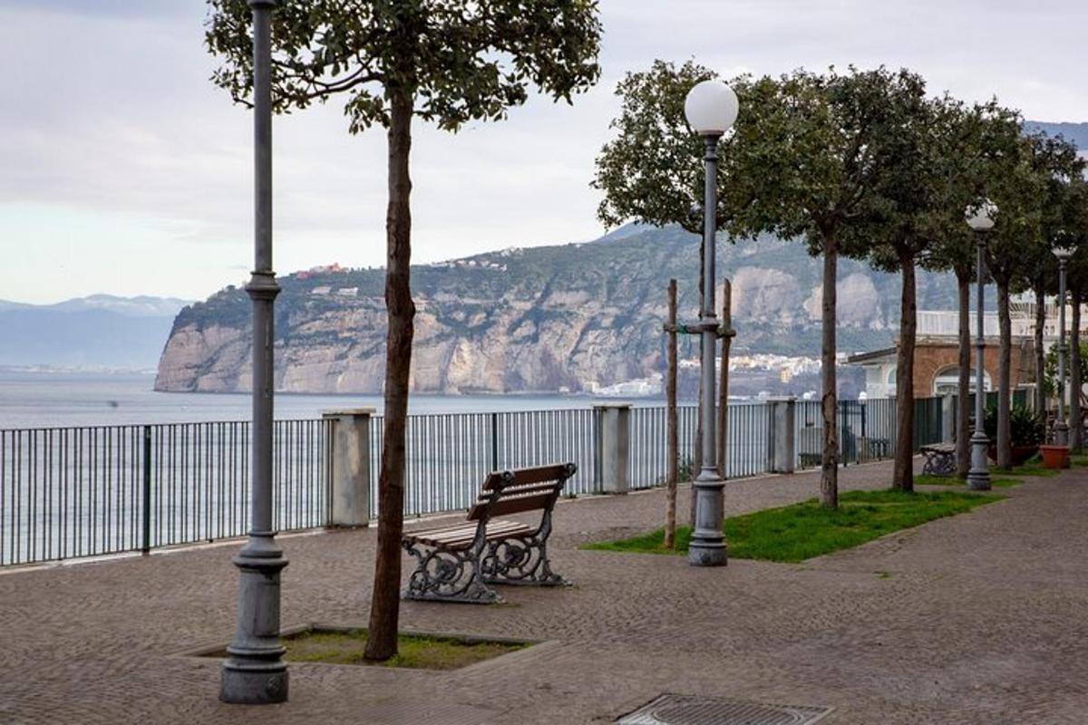 park s lavičkou a pouličnými lampami pri vode