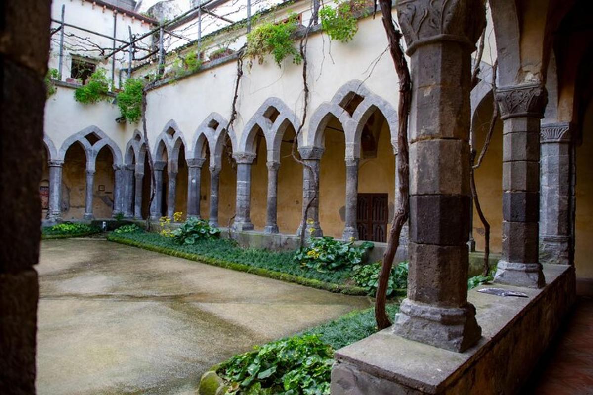 un vecchio edificio con archi e piante al suo interno