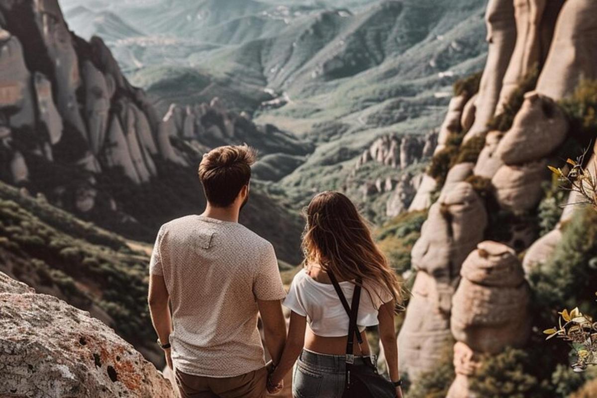 um homem e uma mulher em pé em uma montanha olhando para um vale