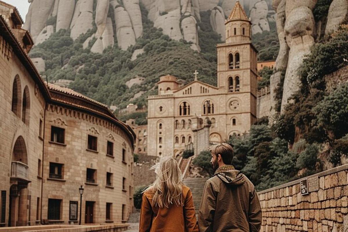 um homem e uma mulher caminhando em frente a um castelo