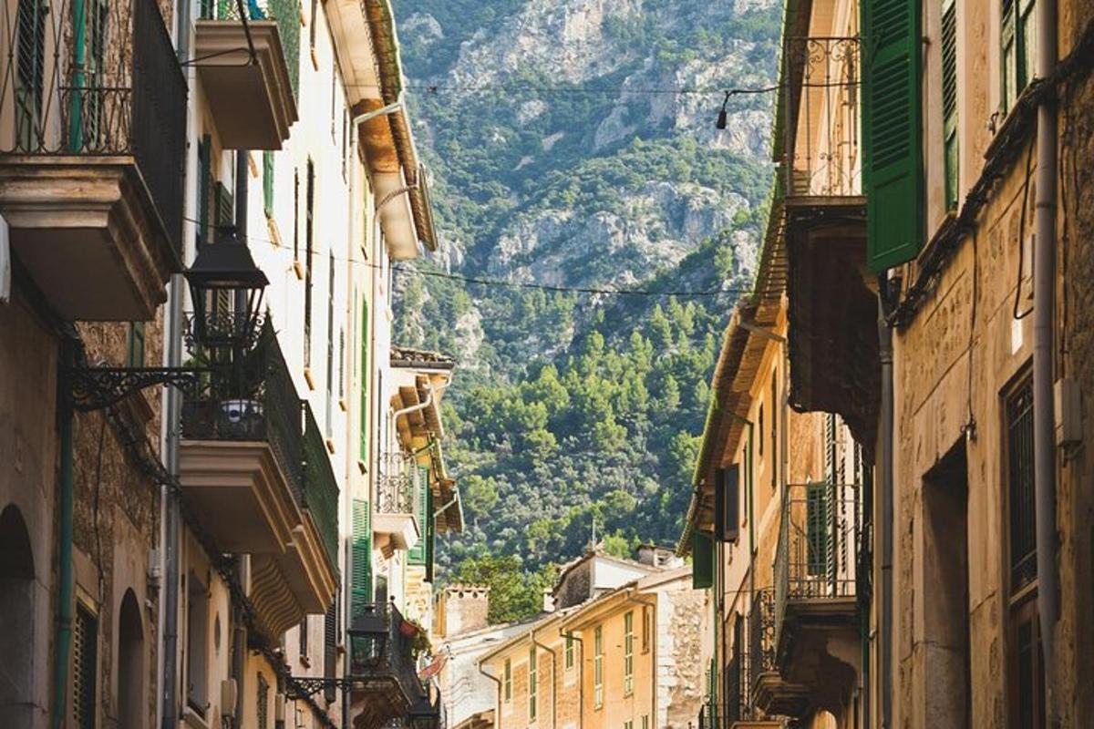 a view of an alley between buildings with a mountain