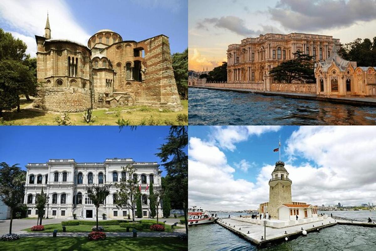 štiri različne slike stavbe in stolpa z uro