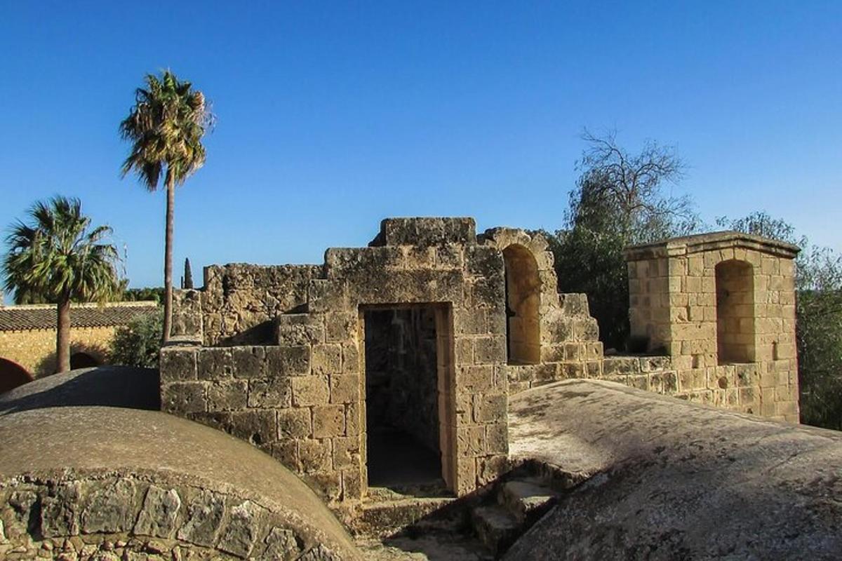 an old brick building with a palm tree in the background