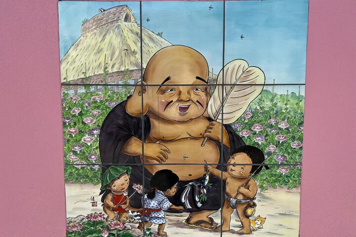 uma pintura de um homem com crianças em pé ao seu redor