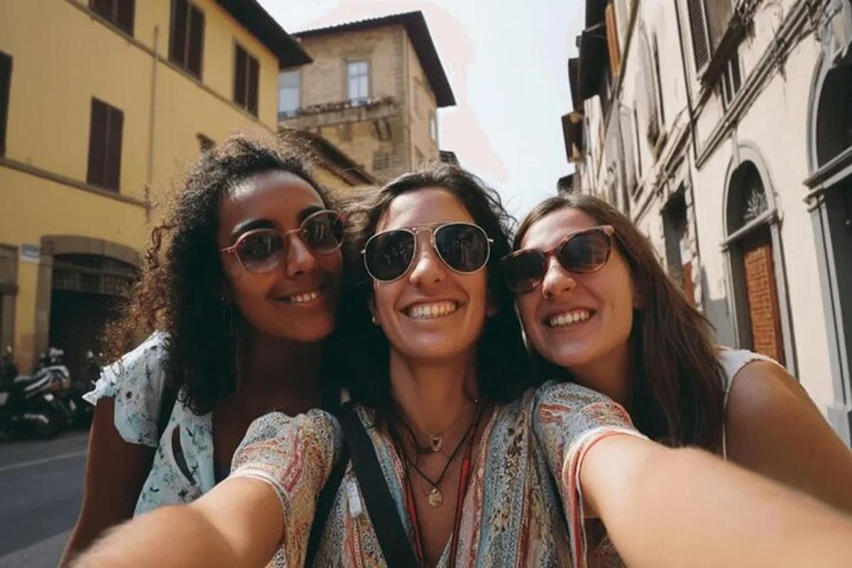 three women wearing sunglasses posing for a picture on a street