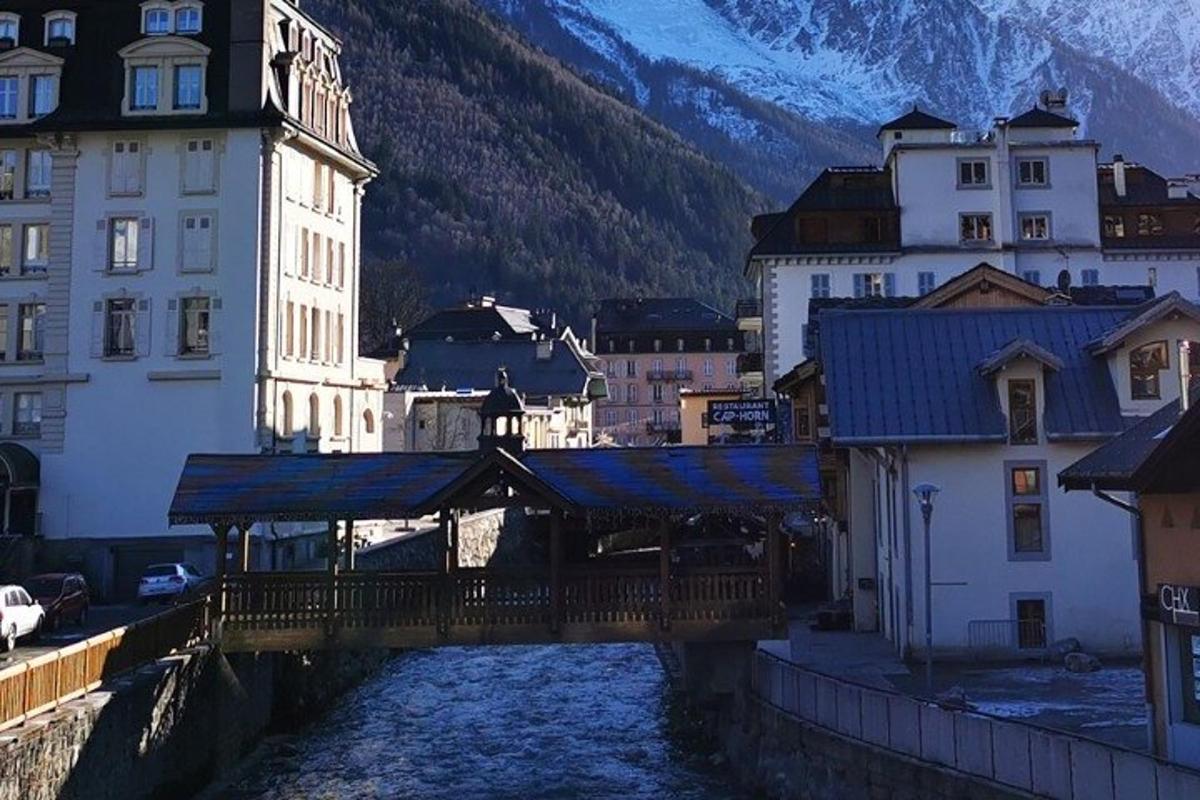 一座横跨河流的桥梁，位于一座有建筑物的城市中