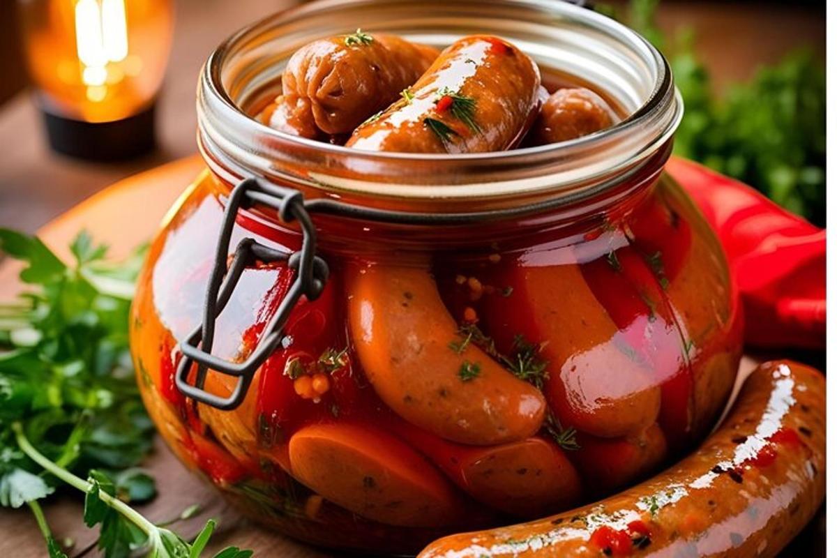 sklenice omáčky s klobásami a další zeleninou