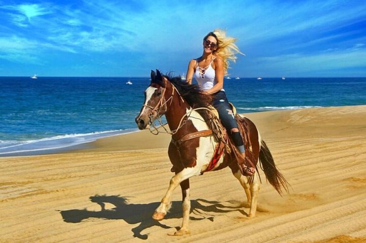 a woman riding a horse on the beach