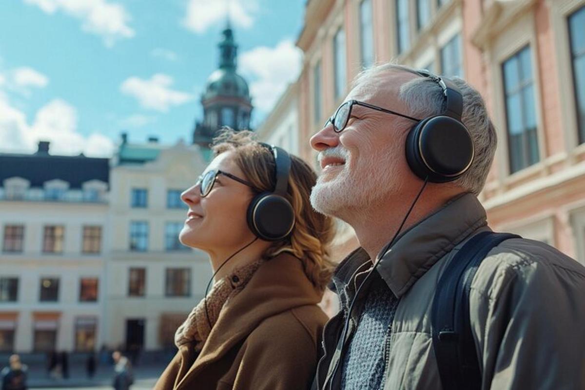 Un hombre y una mujer con auriculares