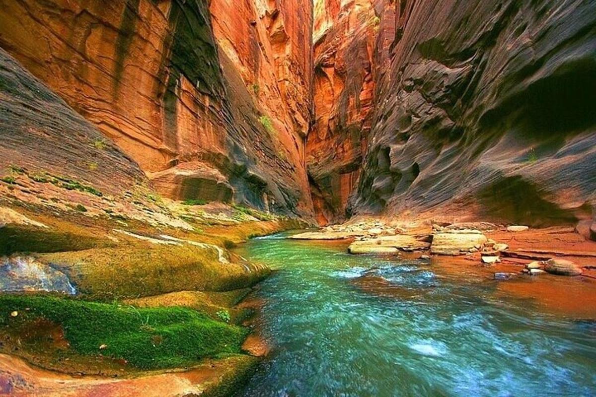 a painting of a river in a canyon