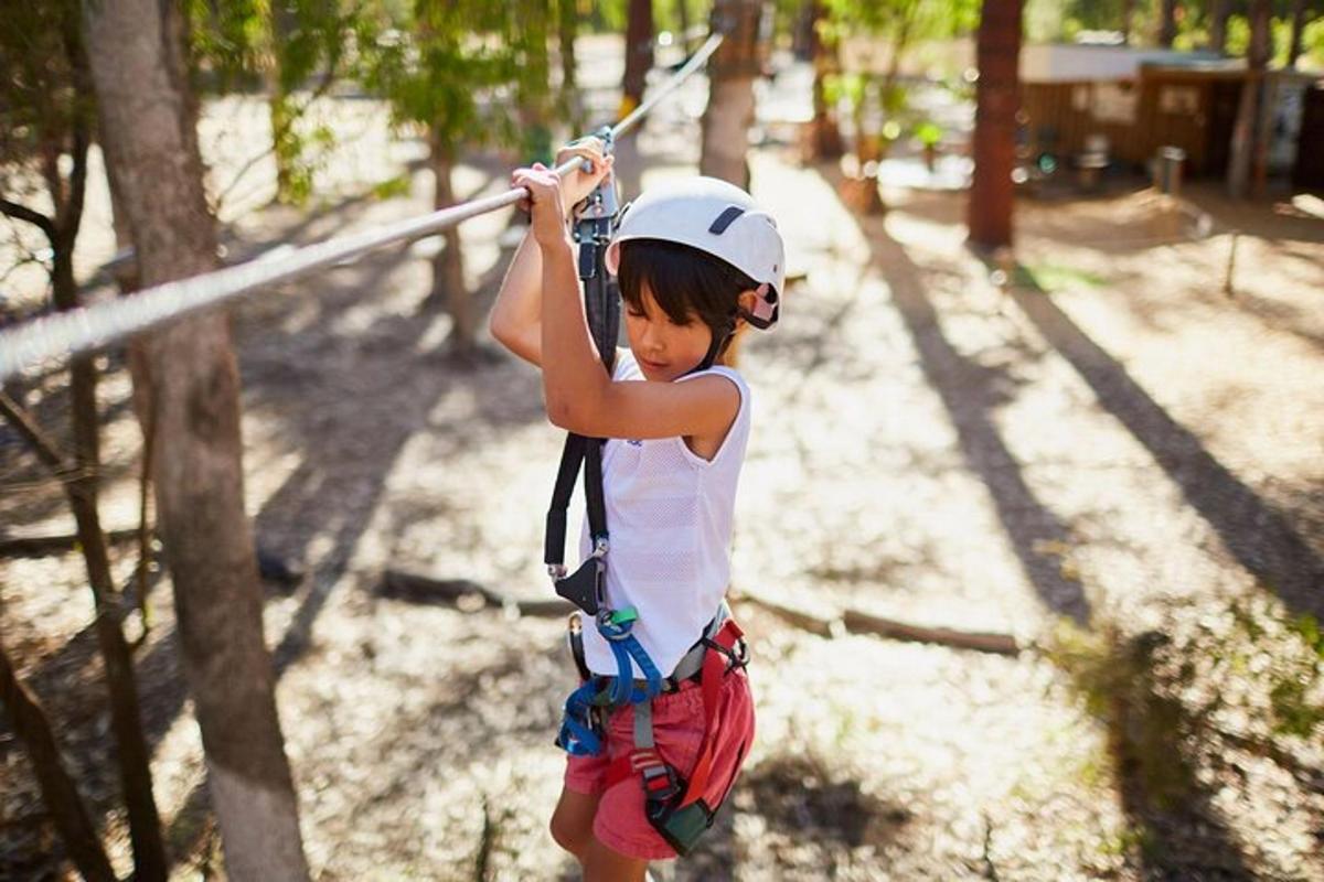 a young child is swinging on a zip line