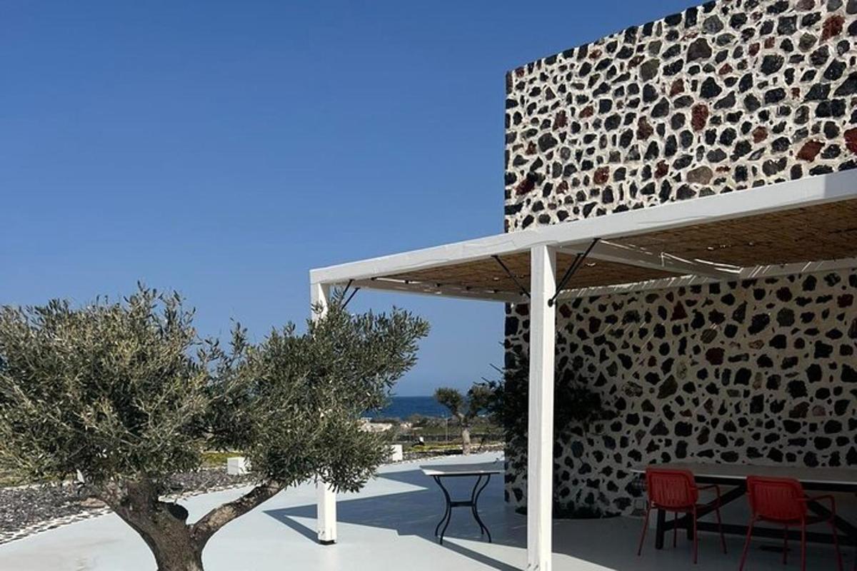 un patio con tavolo, sedie e un albero