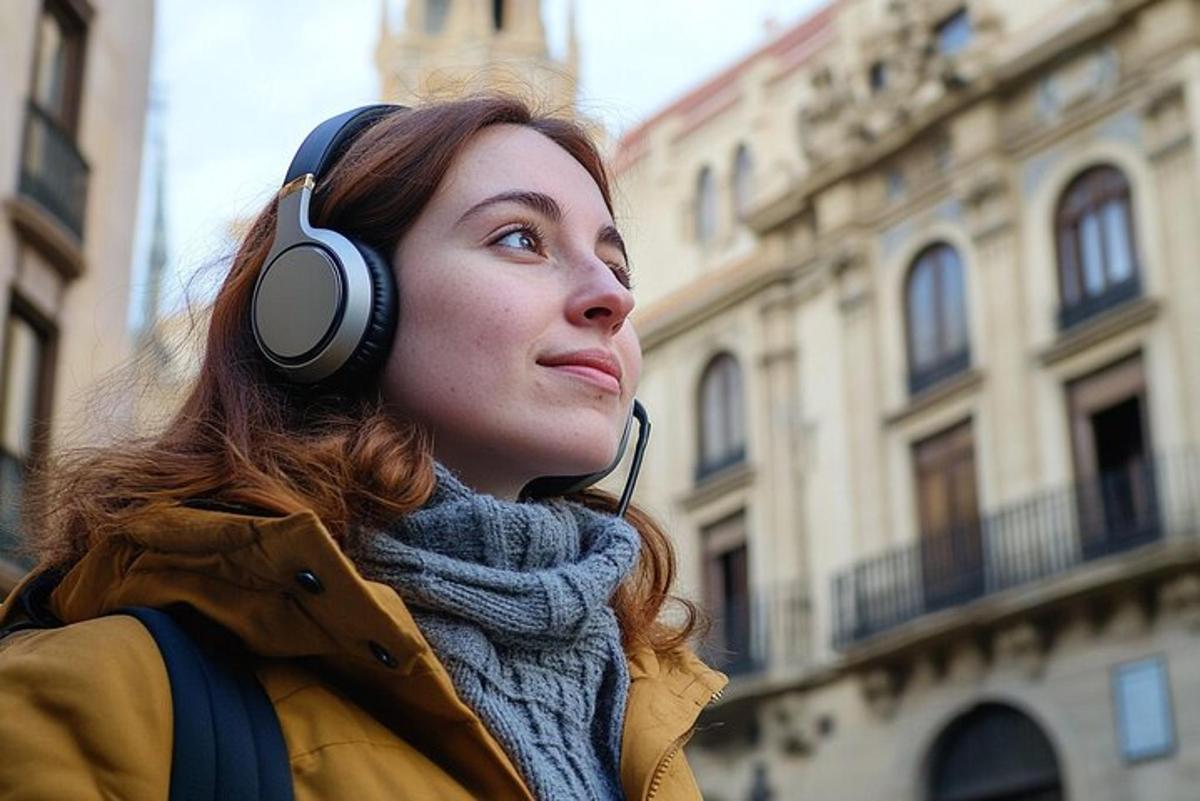 una donna che indossa le cuffie in piedi davanti a un edificio