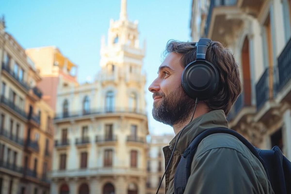 un uomo con le cuffie in piedi davanti a un edificio