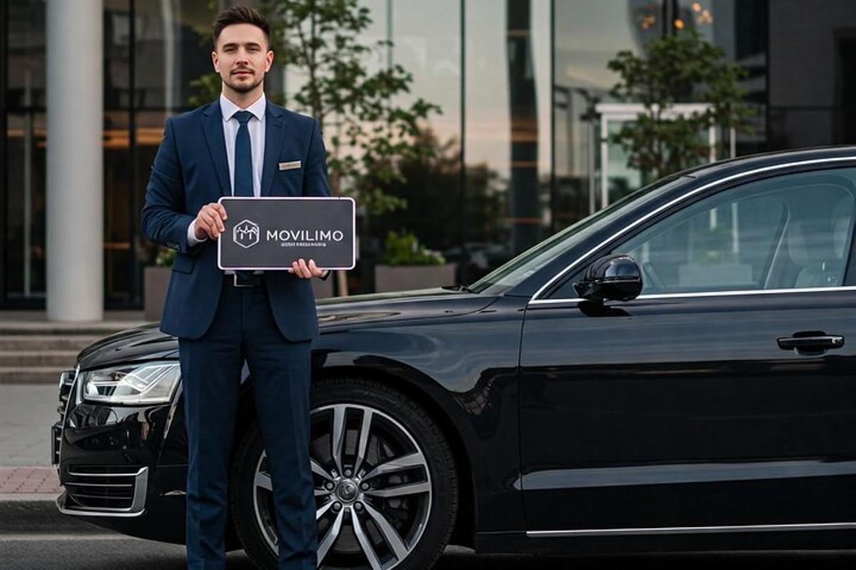 a man in a suit standing next to a car with a laptop