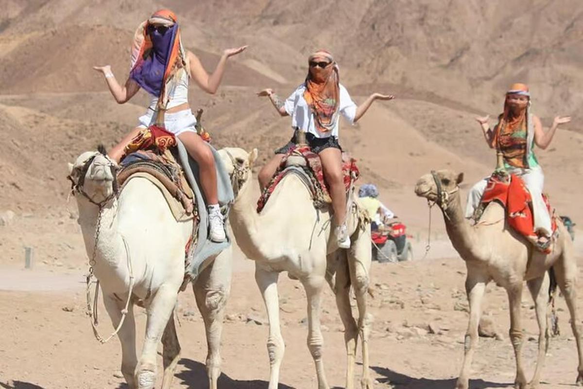 tre donne a cavallo di cammelli nel deserto