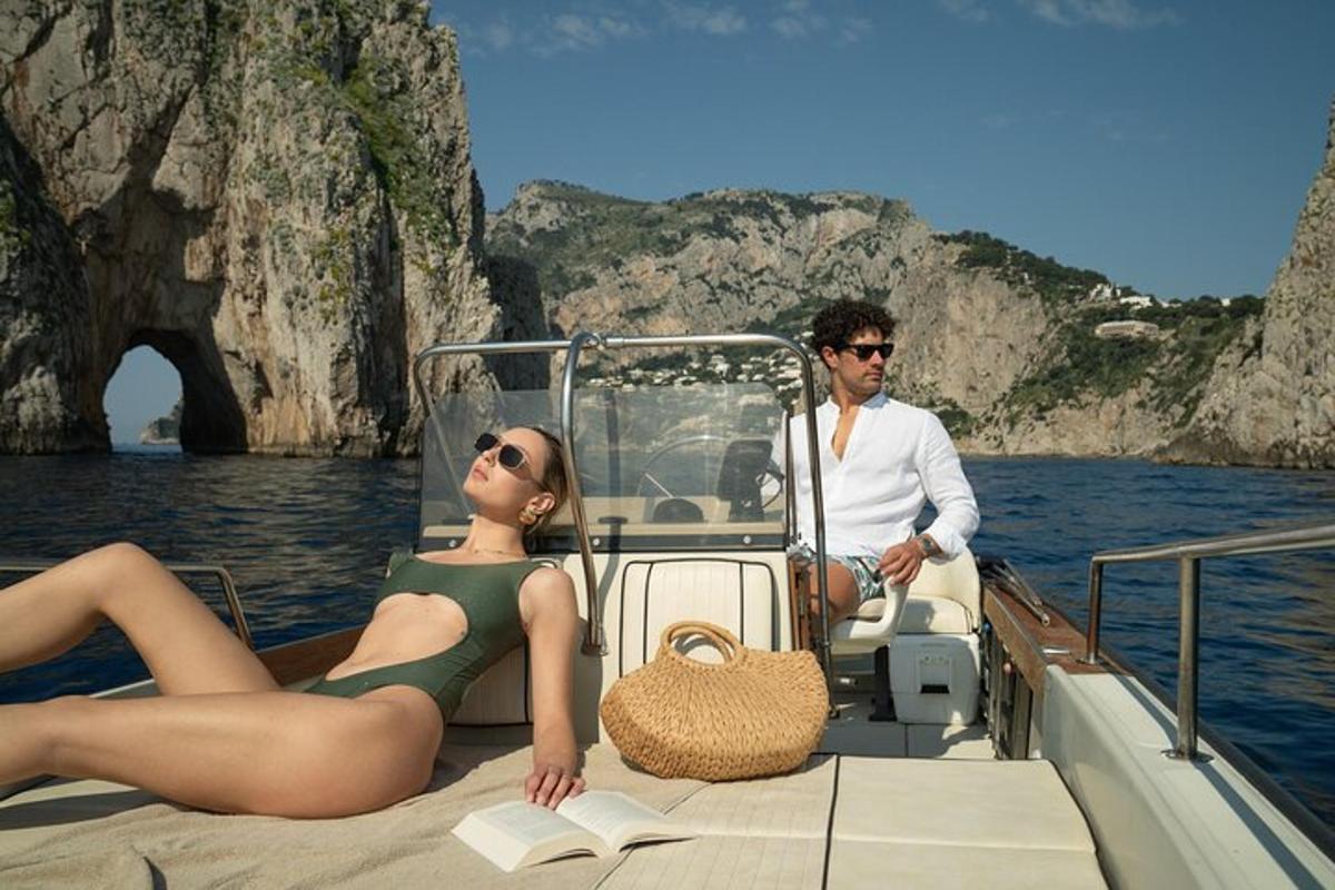 a man and a woman in a bikini on a boat