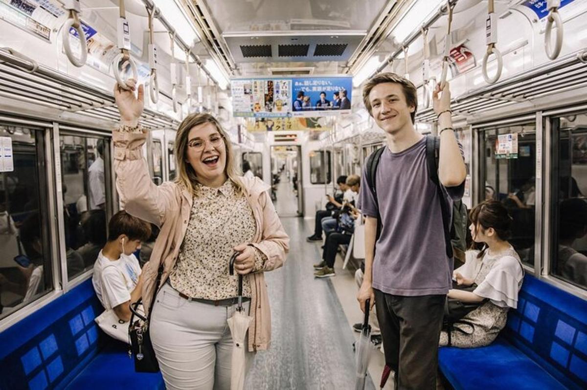 a man and a woman standing in a subway train