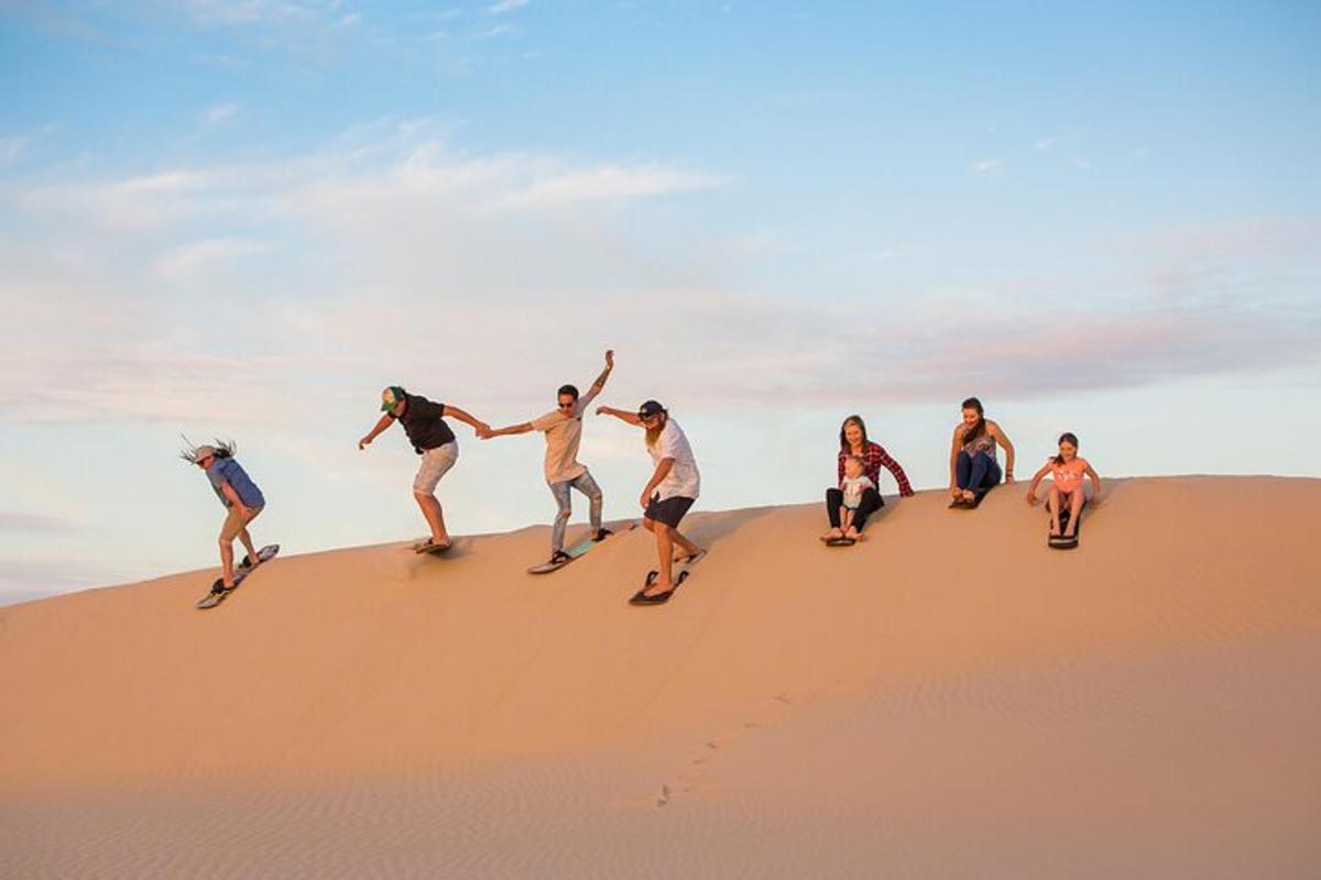 a group of people riding skateboards on a sand dune