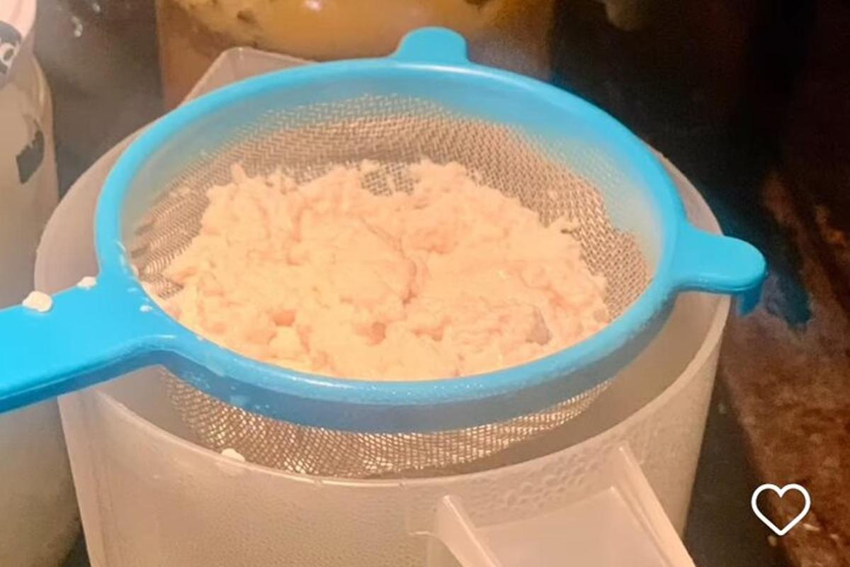 a pot of food in a strainer in a refrigerator