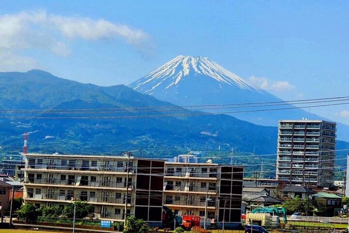 una montagna innevata sullo sfondo di una città