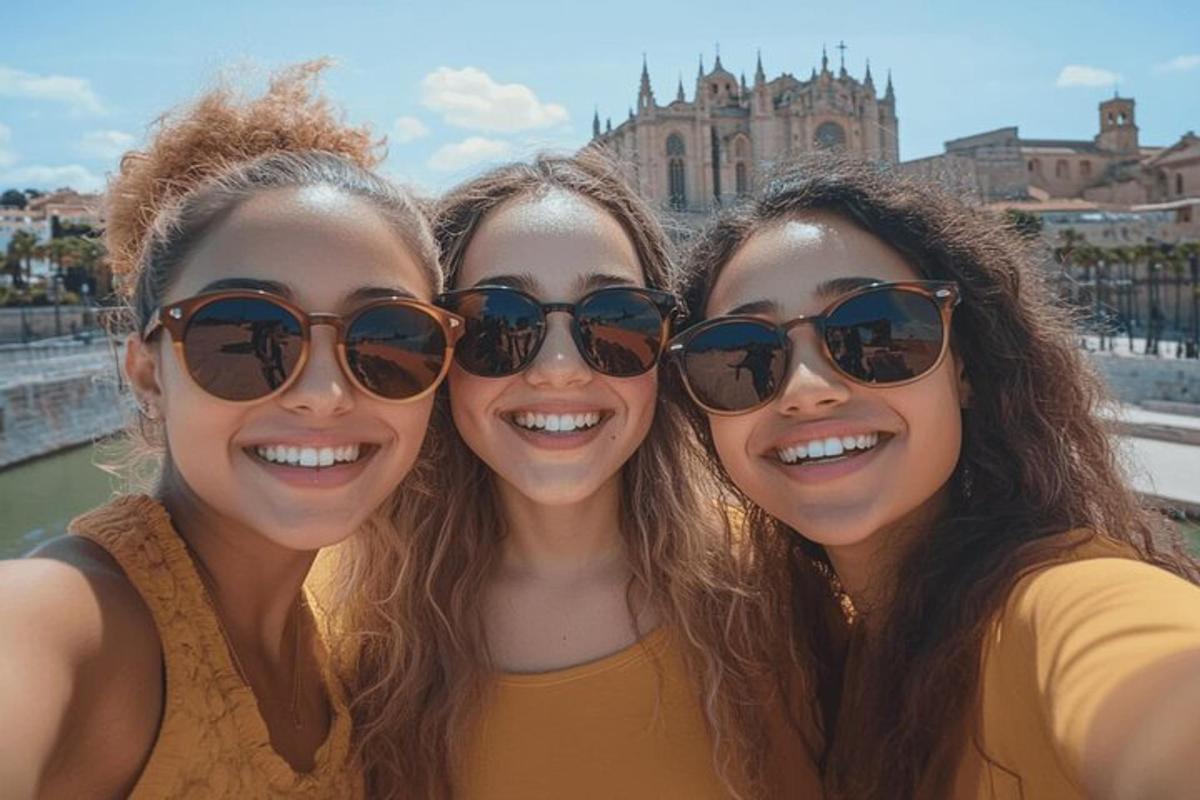 three girls wearing sunglasses posing for a picture on a bridge