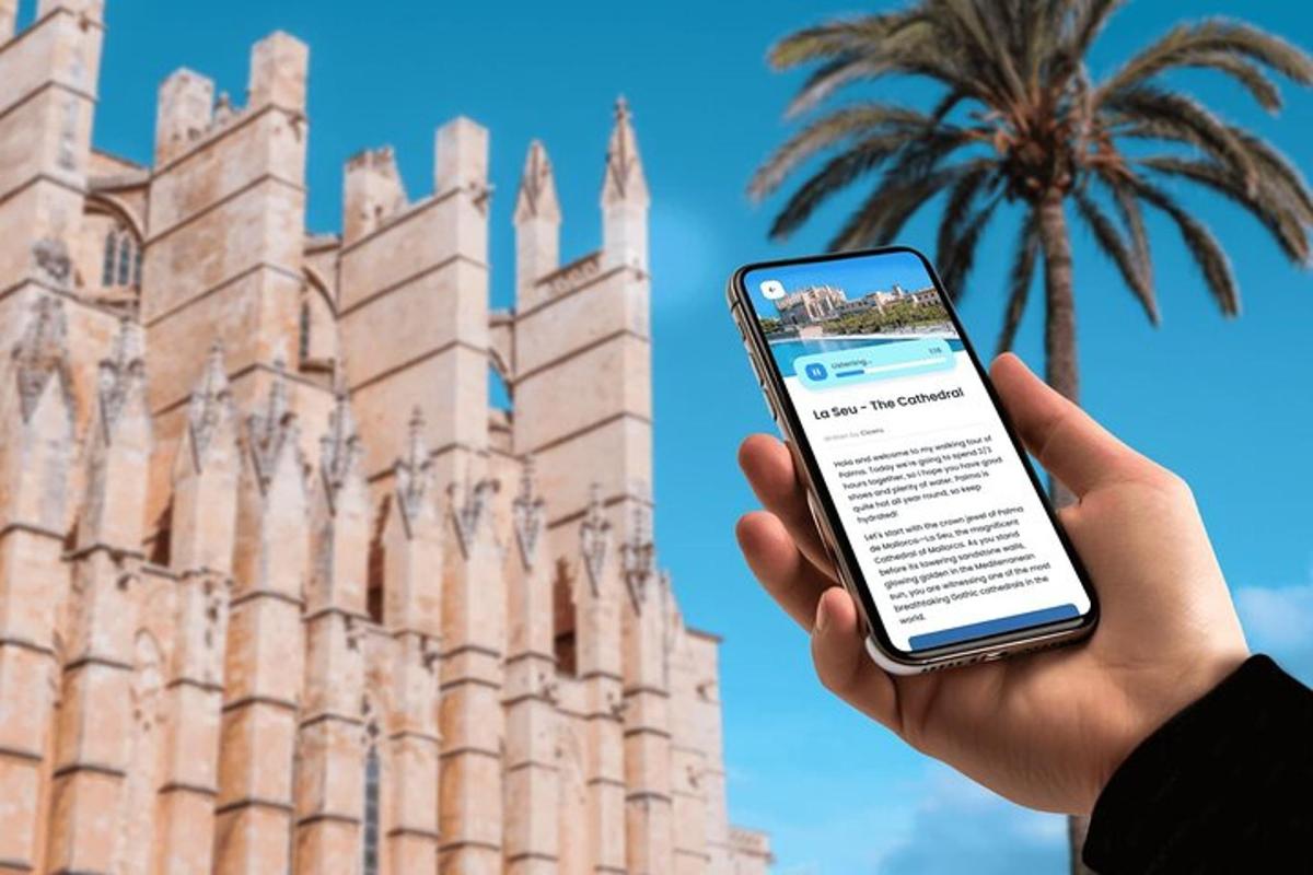 a person holding a cell phone in front of a castle