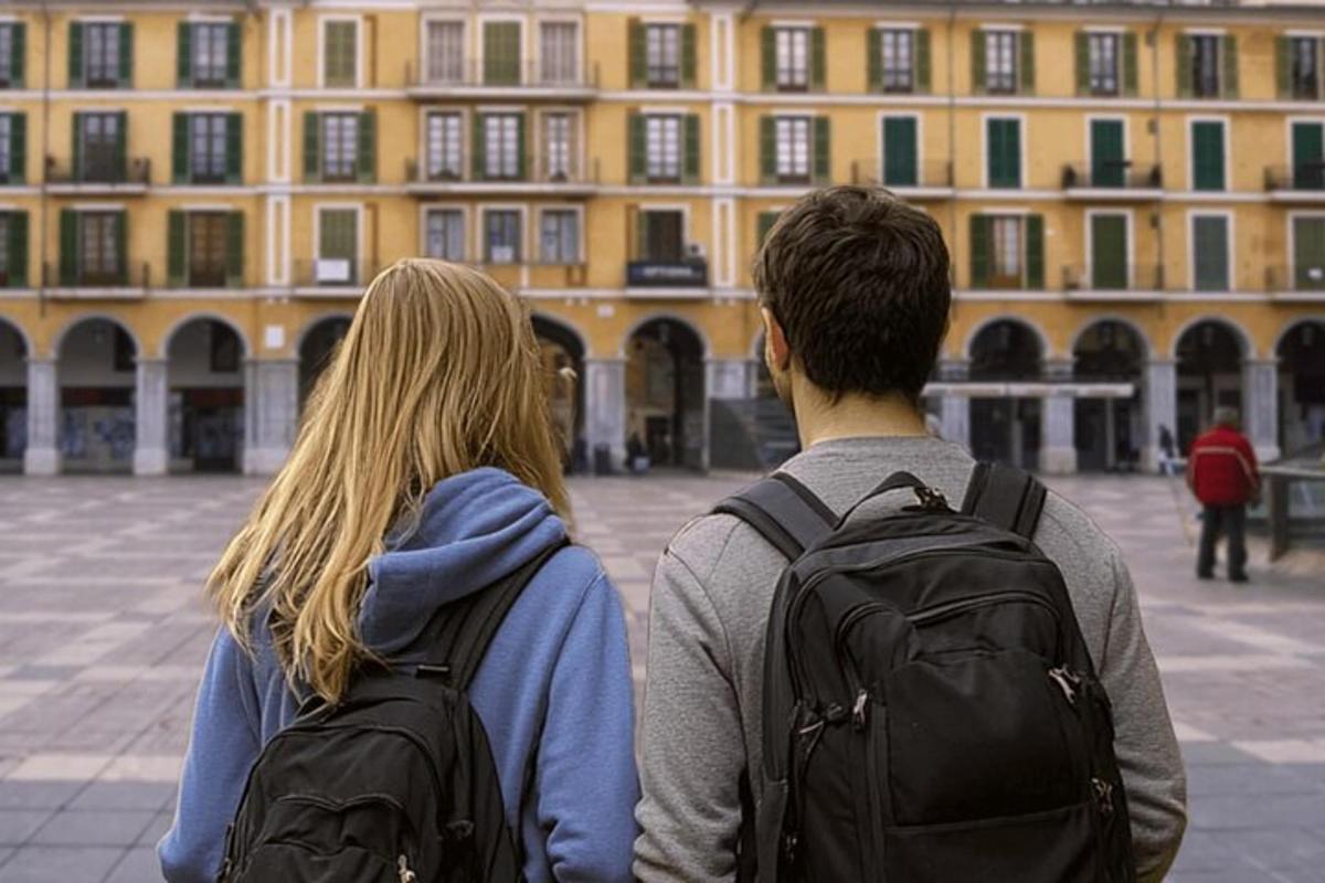 two people standing in front of a building