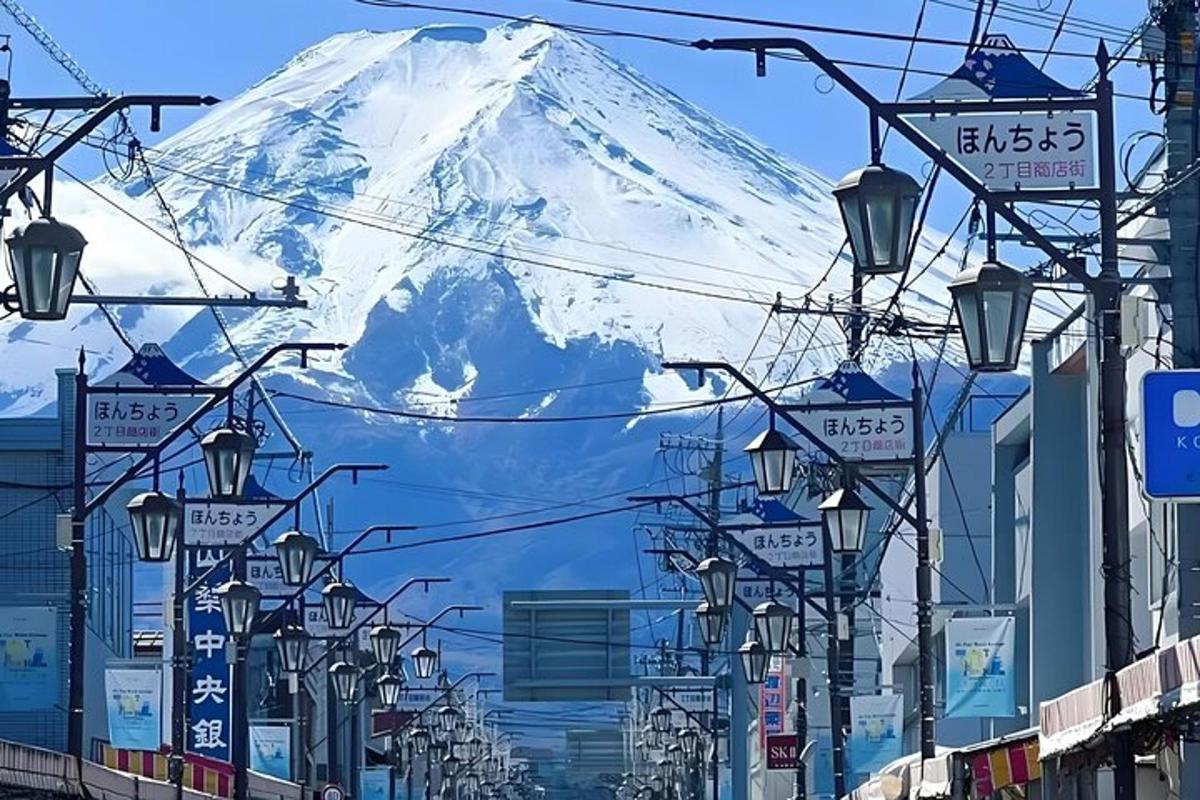 uma vista de uma montanha coberta de neve de uma rua