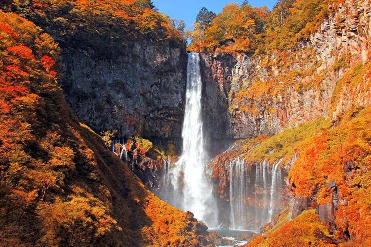 air terjun di sisi gunung dengan dedaunan musim gugur