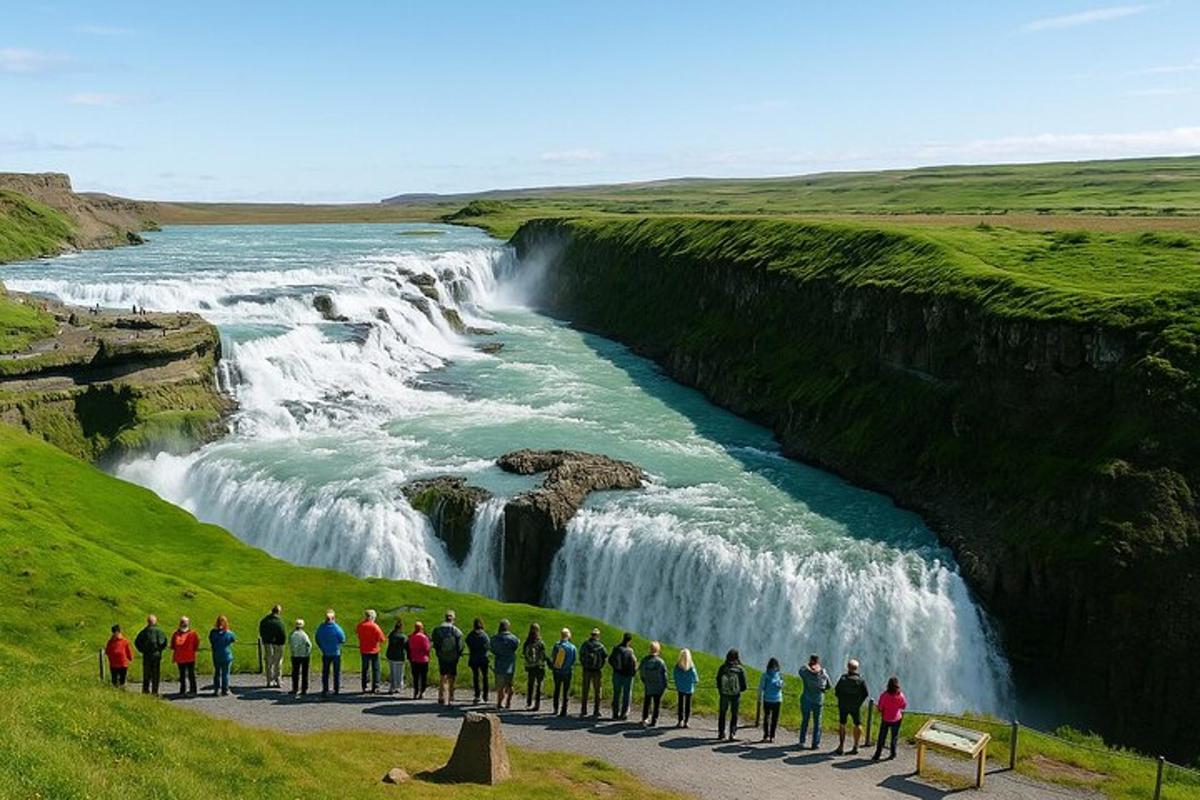 un gruppo di persone in piedi davanti a una cascata