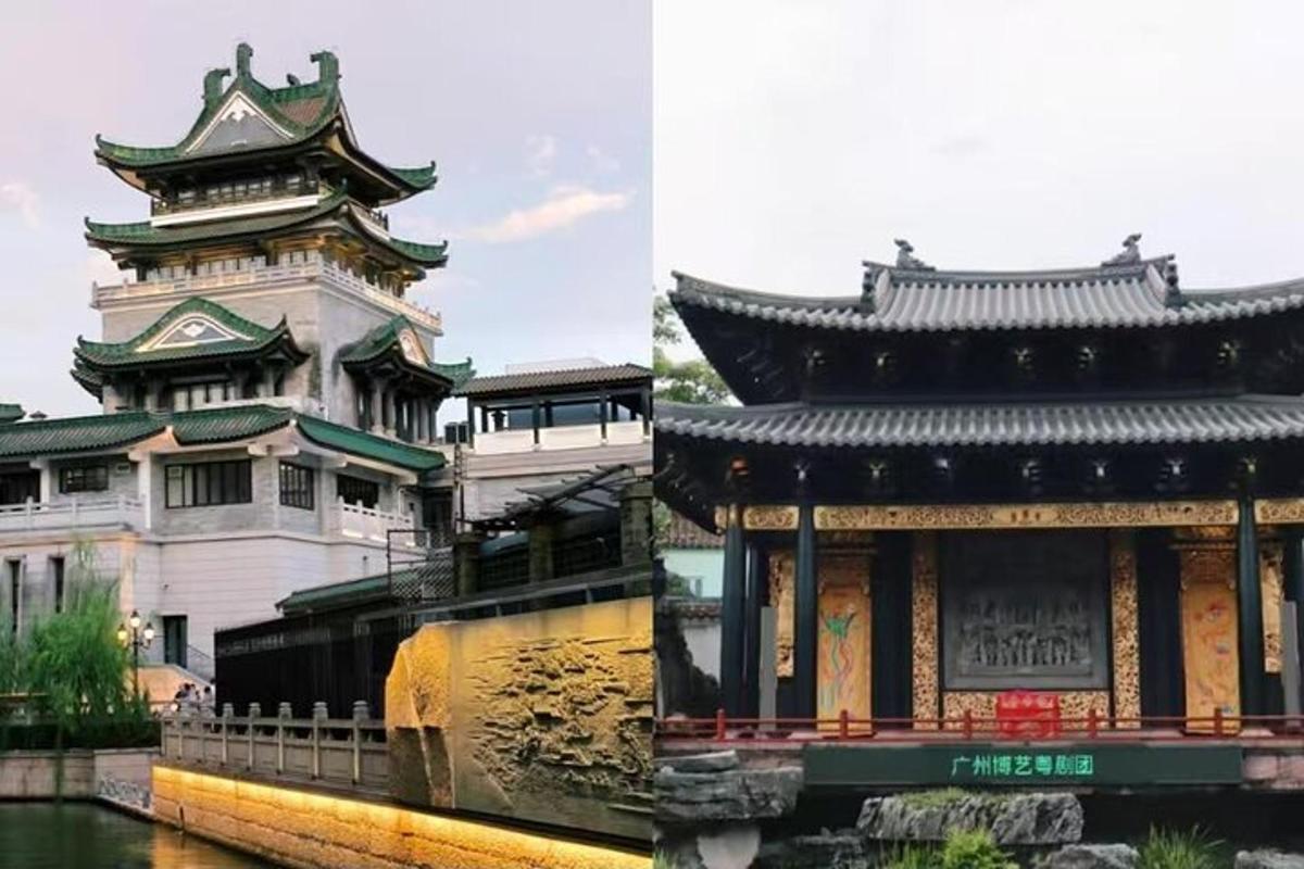 two pictures of a building next to a building