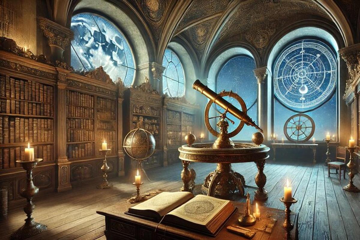 uma velha biblioteca com um telescópio e um livro