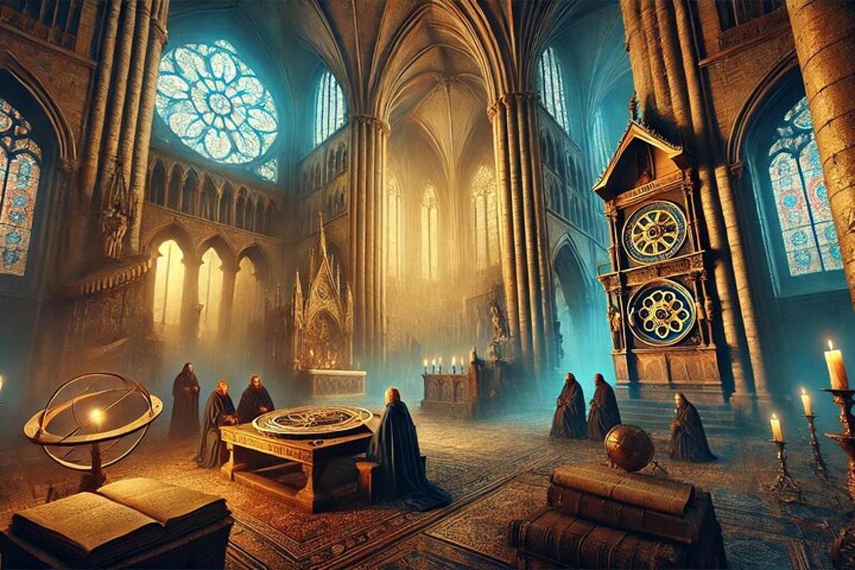 um grupo de pessoas em uma catedral com um relógio