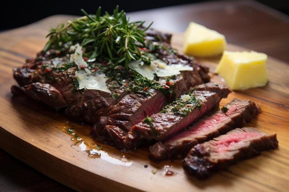 ein Teller mit Fleisch und Käse auf einem Tisch