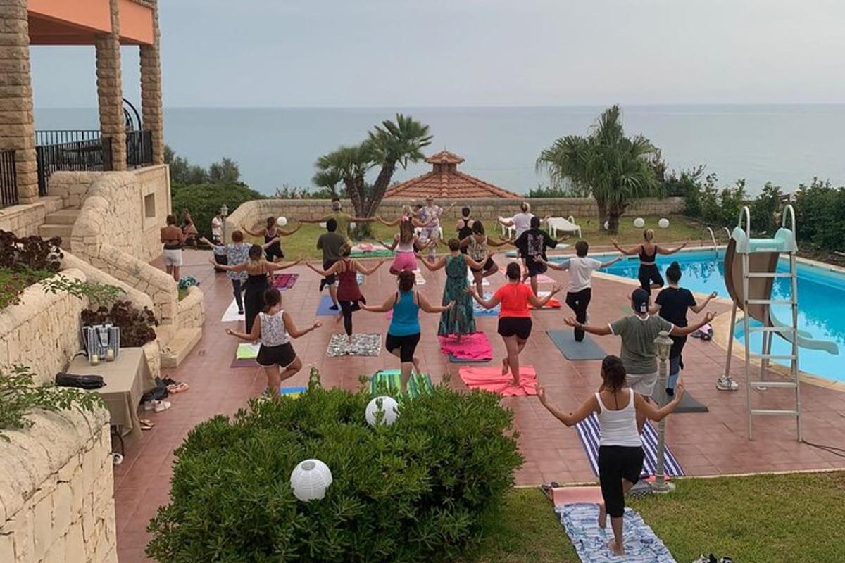en gruppe mennesker som gjør yoga ved et basseng