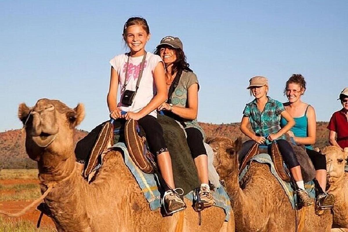 a group of people riding on the backs of camels