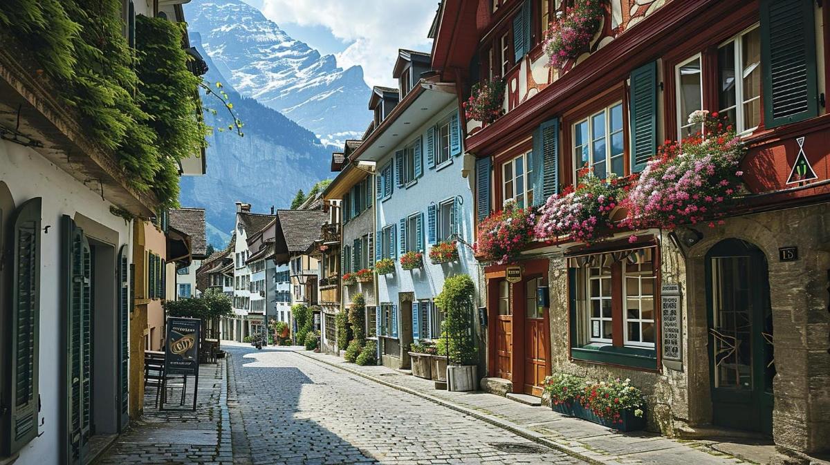 an empty street with buildings and mountains in the background