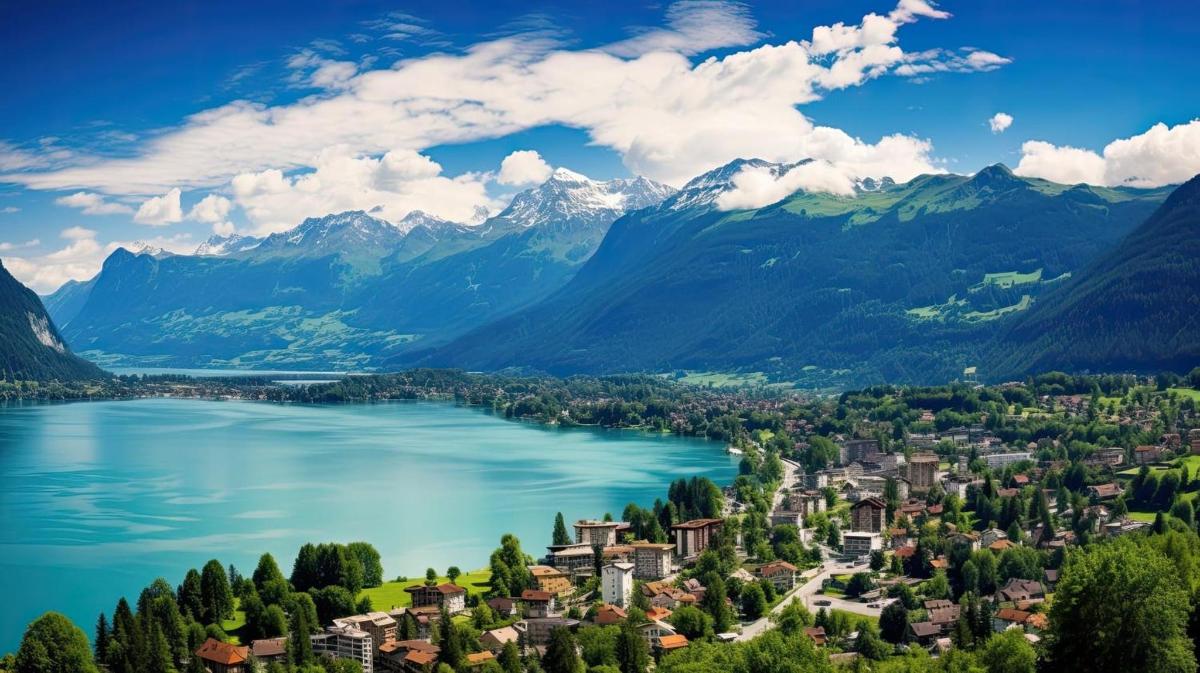 a town on a lake with mountains in the background