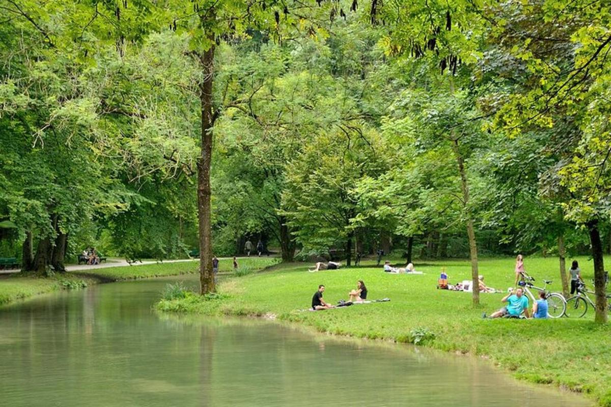 Un grupo de personas sentadas en un parque junto a un río.