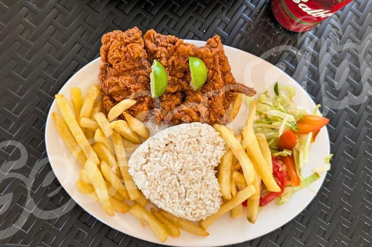 krožnik hrane s pomfrijem in rižem