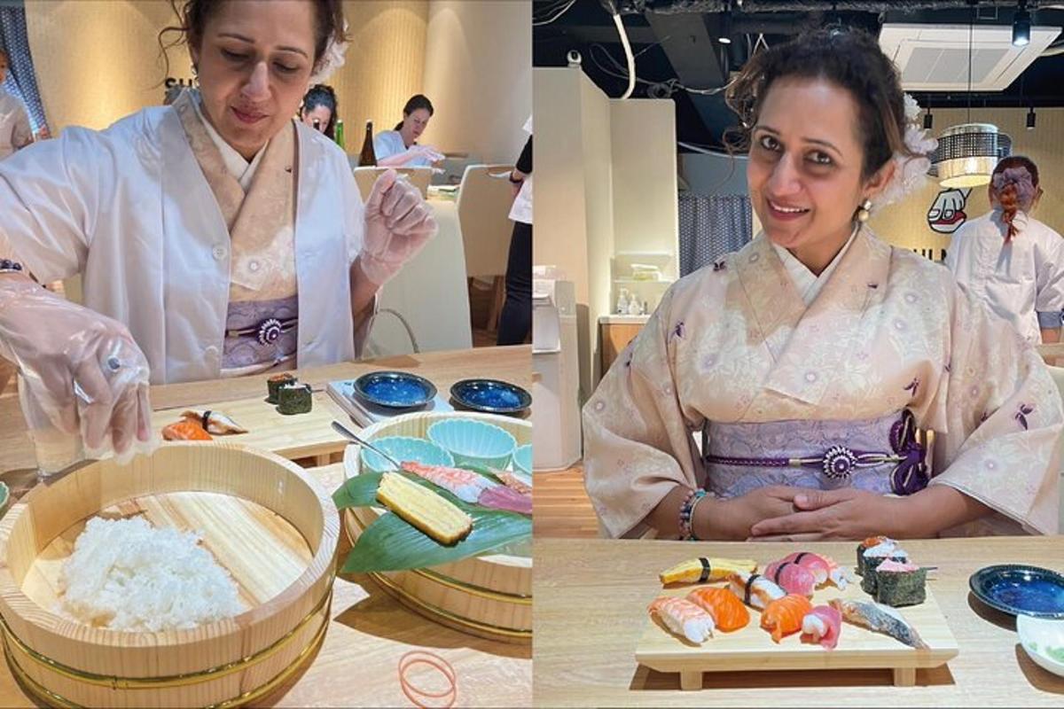 dua gambar seorang wanita sedang menyiapkan makanan di dapur