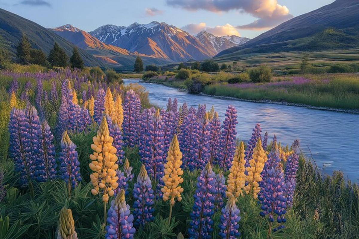 Un cuadro de un campo de flores junto a un río.