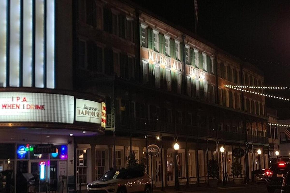 a building on a city street at night