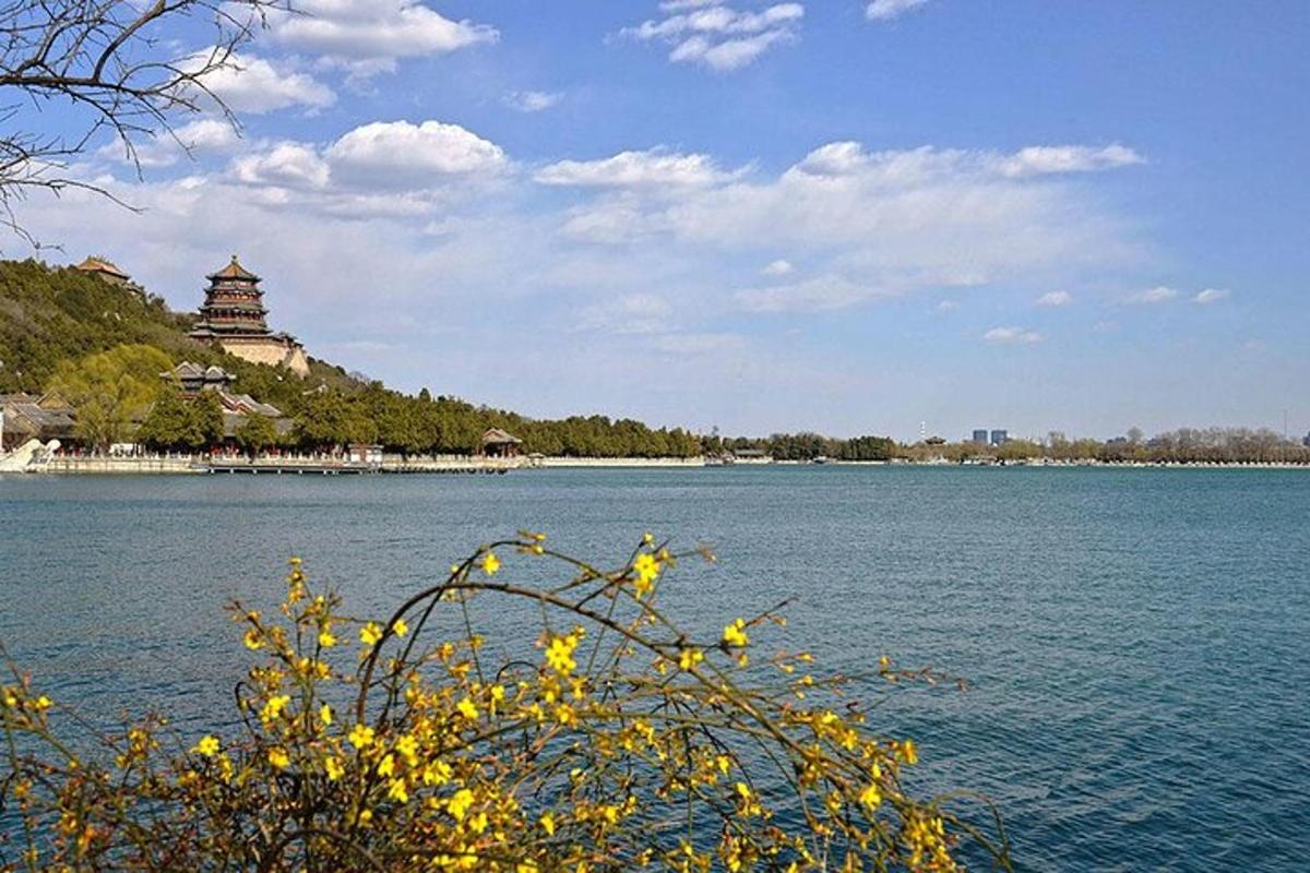 a large body of water with a pagoda in the background