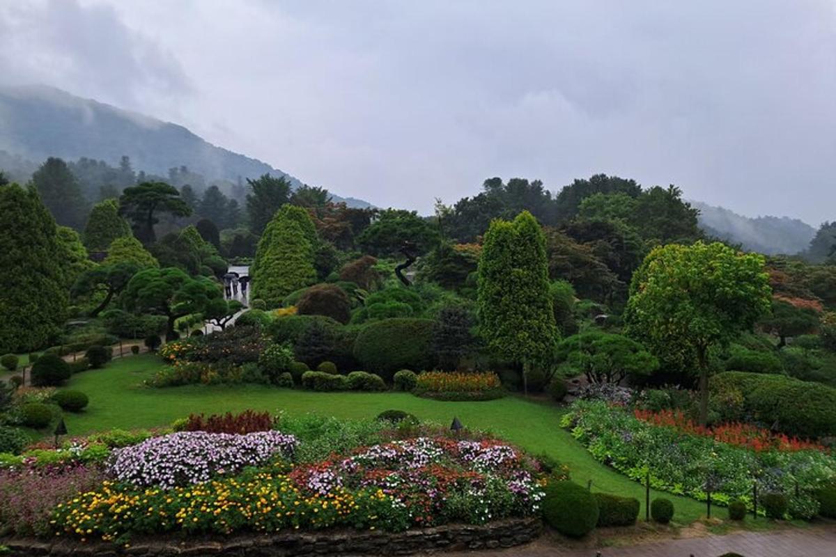 Un jardín con muchas flores y árboles diferentes.